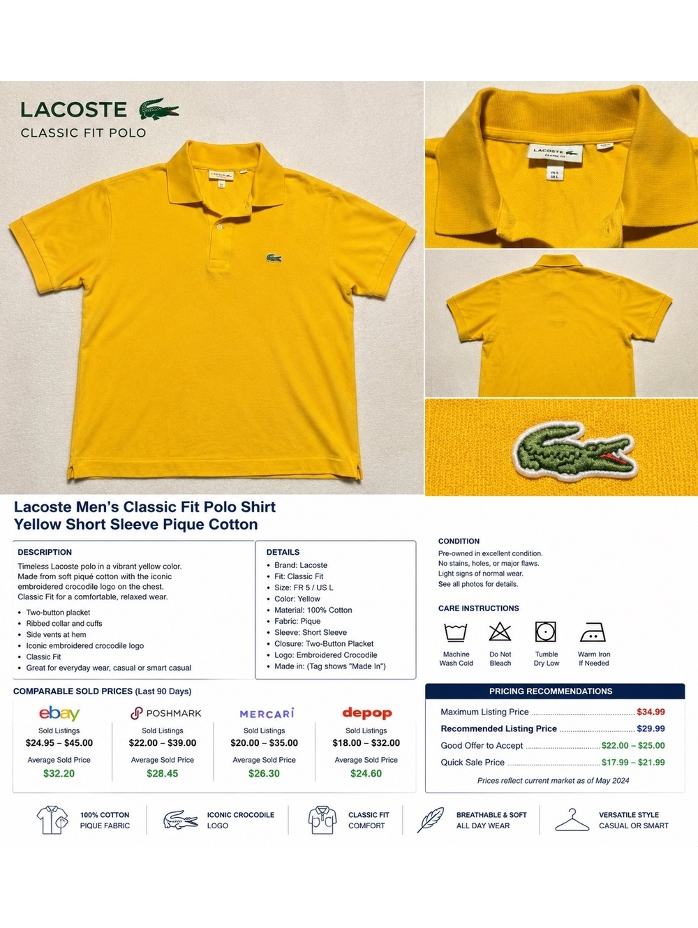 Lacoste Men’s Classic Fit Polo Shirt Size L Yellow 100% Cotton Crocodile Logo